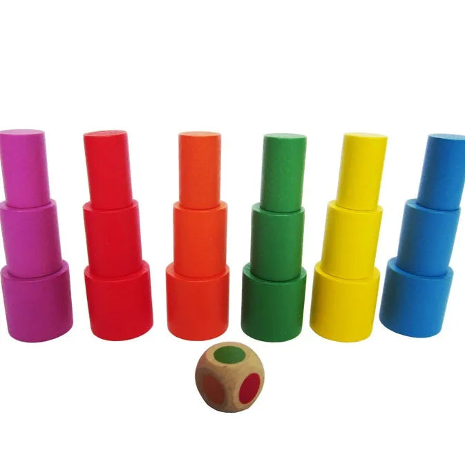 Yellow and blue wooden moon balance game toy for children ages 2-4 on white background