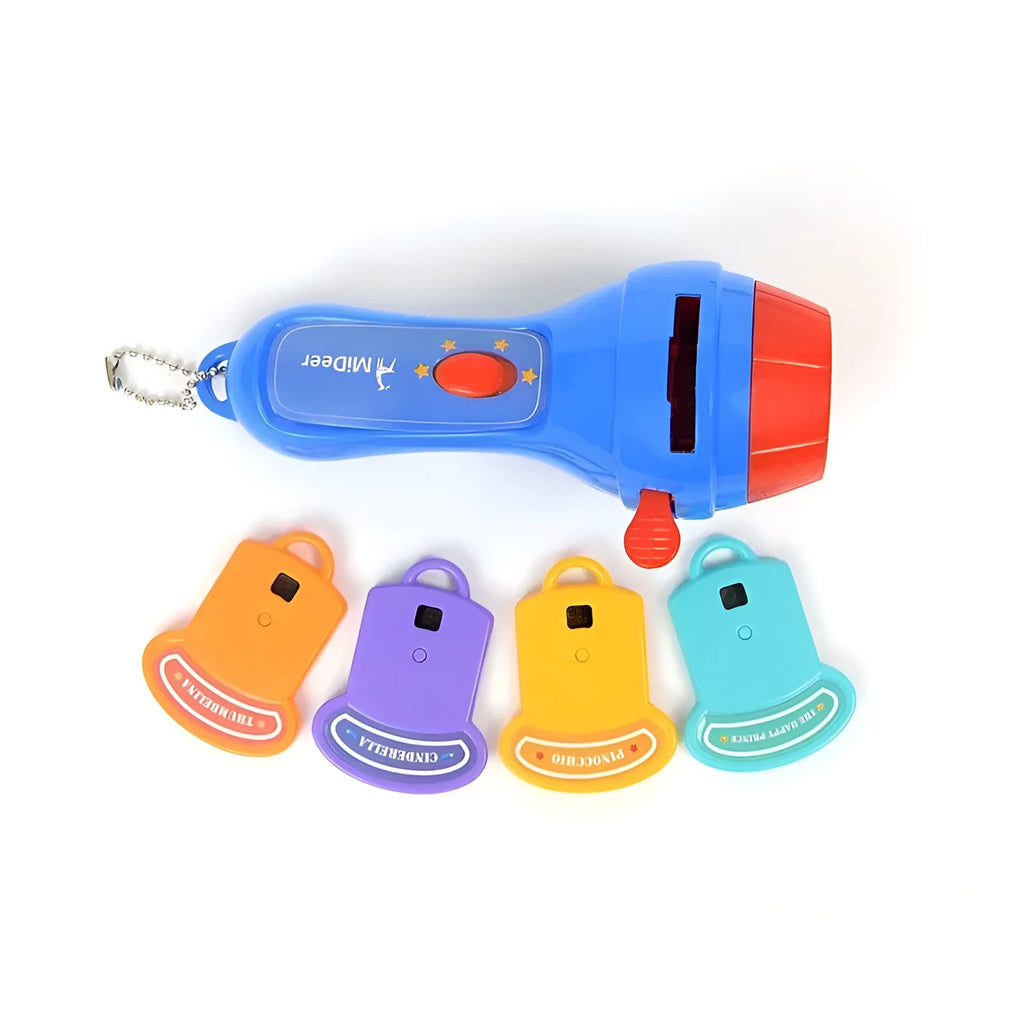 SmartKids children's story projector torch with four coloured fairy tale discs on a white background.