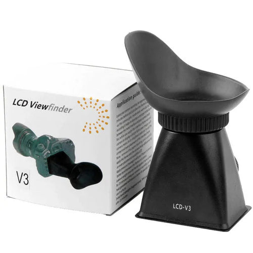 Black camera LCD viewfinder with 2.8x magnification and magnetic mount shown on a DSLR.