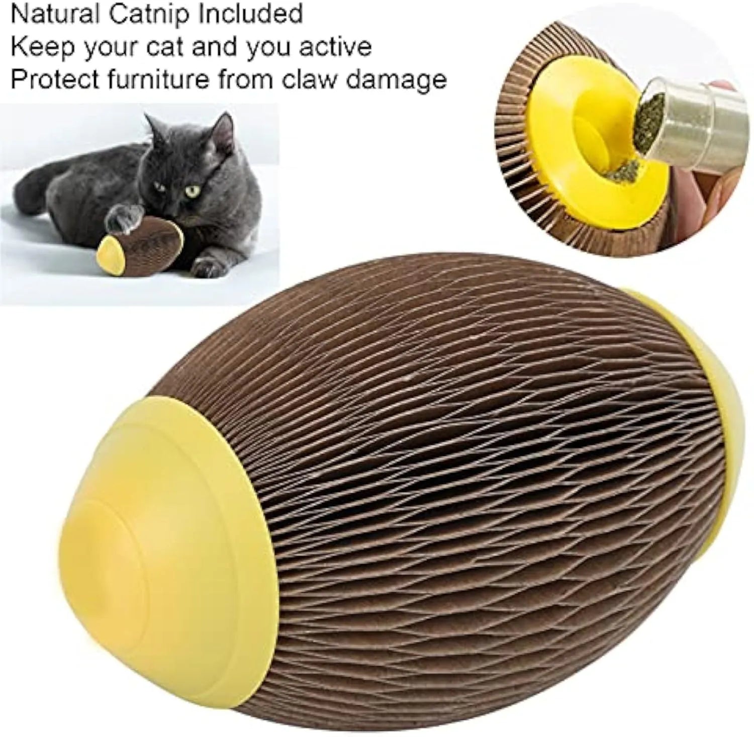 Elliptical corrugated paper catnip ball toy for scratching and play, measuring 65mm by 108mm