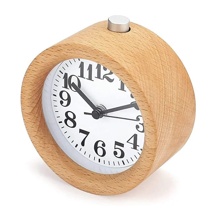 Solid beech wood silent alarm clock measuring 9.5cm with wood finish and clear dial