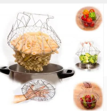 Stainless steel foldable deep fry basket with square grid design for kitchen use