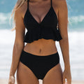 Women's solid colour bikini swimsuit showing sleeveless top and pants in available colours.