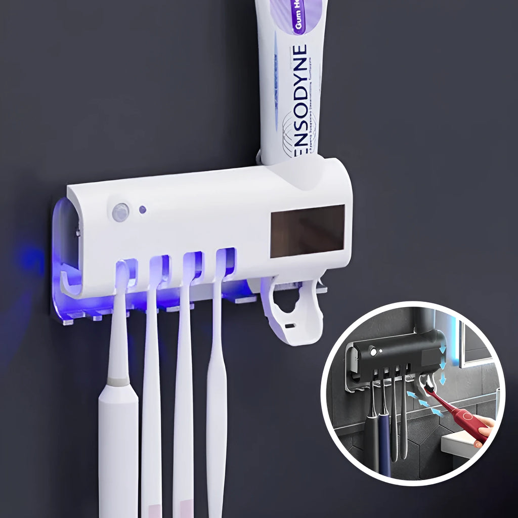 Black intelligent UV toothbrush steriliser and automatic toothpaste squeezer unit mounted on a bathroom wall.