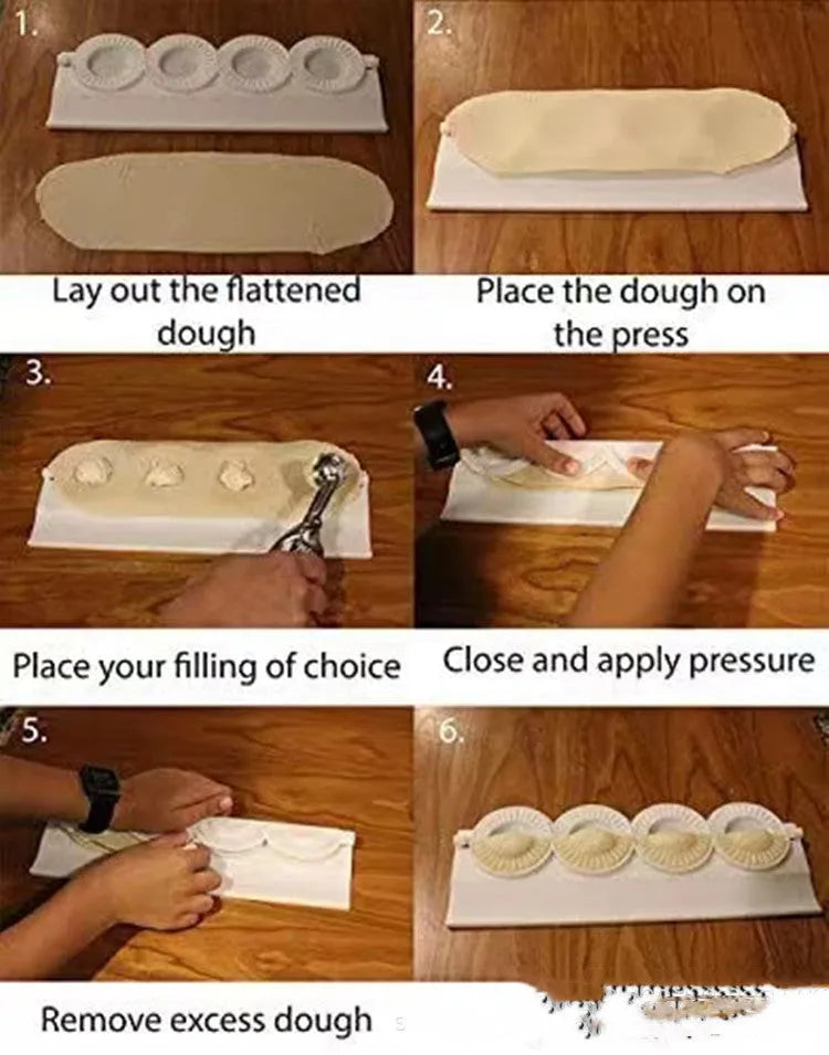 Pure white ABS plastic dumpling mould on a countertop, showing the mould shape for pressing dumplings