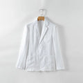 Men's solid colour linen suit coat with a stick pocket on a hanger.