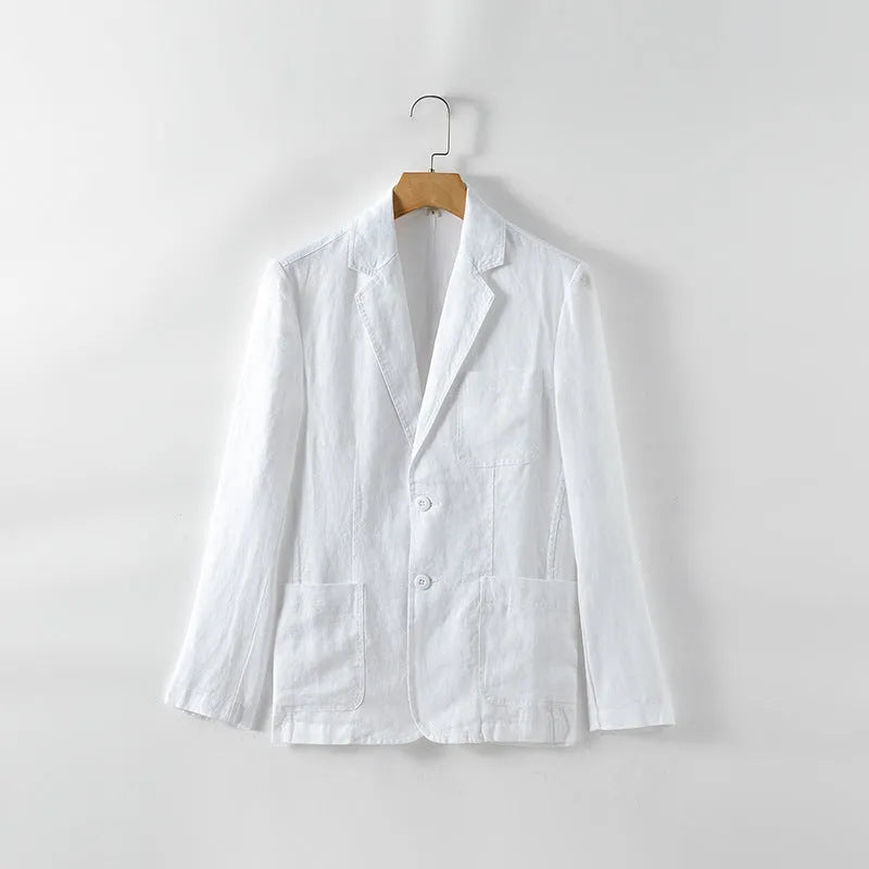 Men's solid colour linen suit coat with a stick pocket on a hanger.