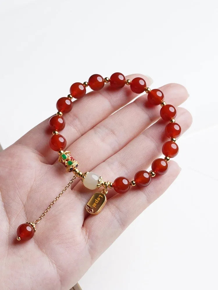 Women's natural crystal bracelet with red agate Hetian jade beads and gold plating in three style variations