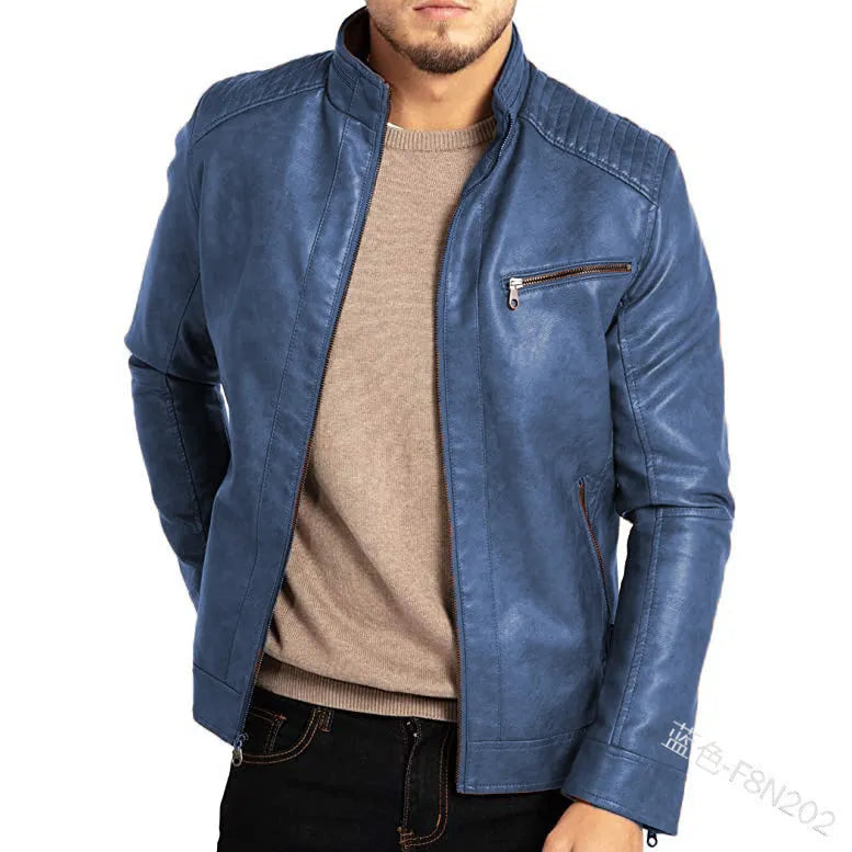 Men's brown artificial leather punk motorcycle jacket with a stand collar and straight hem