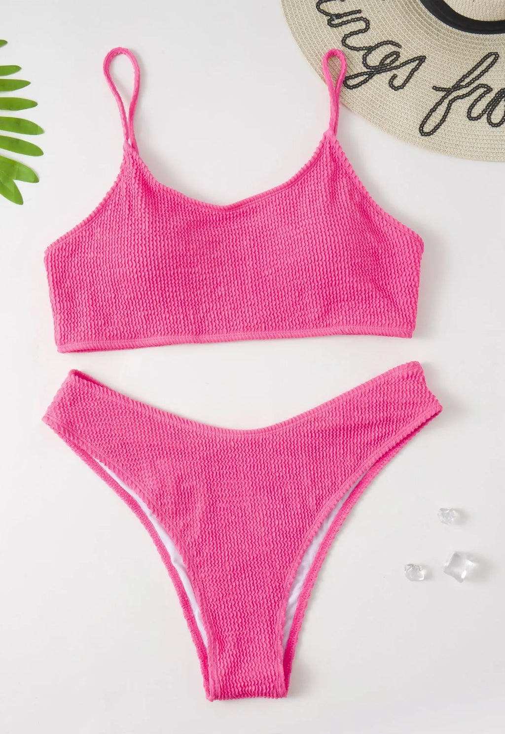 Plus-size solid colour pink bikini two-piece set with chest pad sized L to 4XL for women