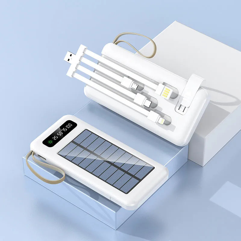 Solar power bank in black or white with polymer lithium ion battery showing capacity options of 20000mA or 30000mA