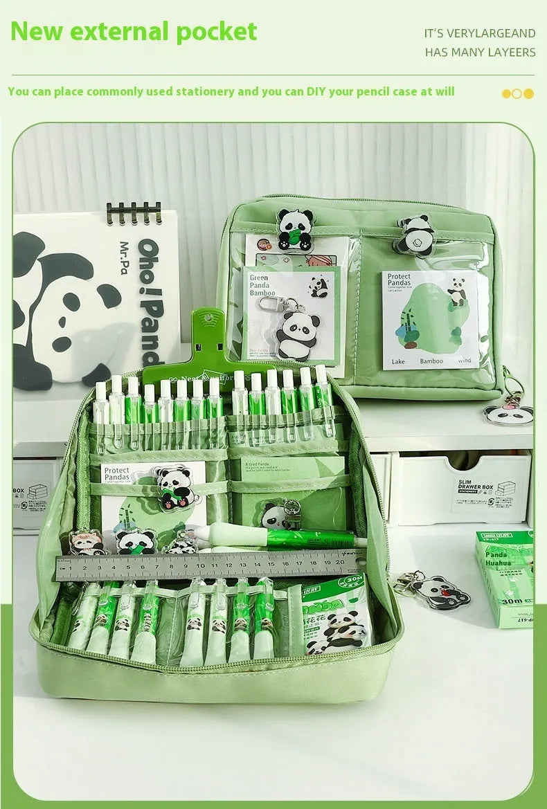 Green canvas pencil case with 12-layer panda design and multiple compartments for stationery organisation