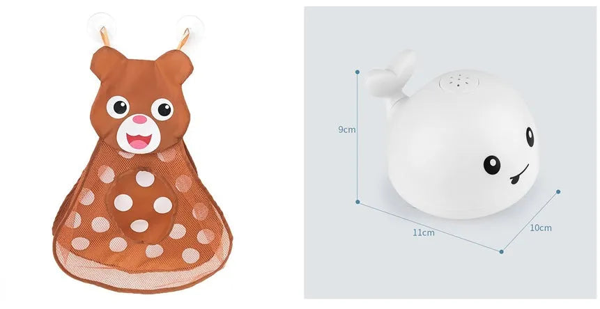 White and blue whale-shaped bath toy spraying water with LED lights on, floating in a baby bath