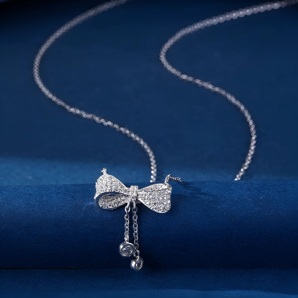 S925 sterling silver bow pendant necklace on O-ring chain with 40-45cm circumference