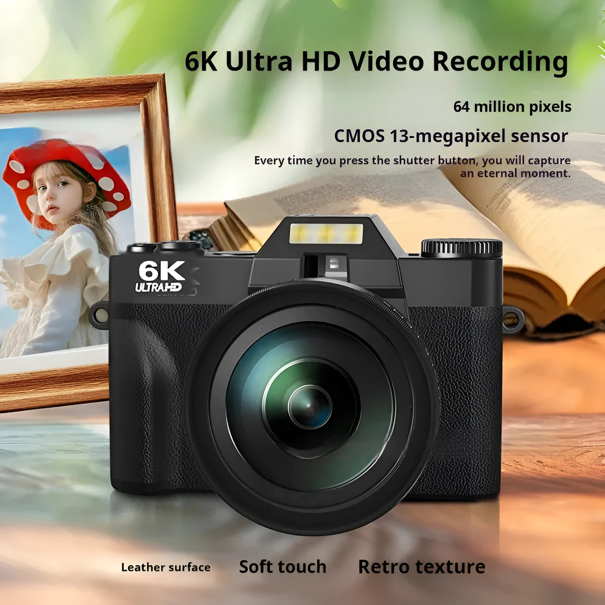 6K HD retro mirrorless digital camera with Full HD screen in black with standard 32G memory card