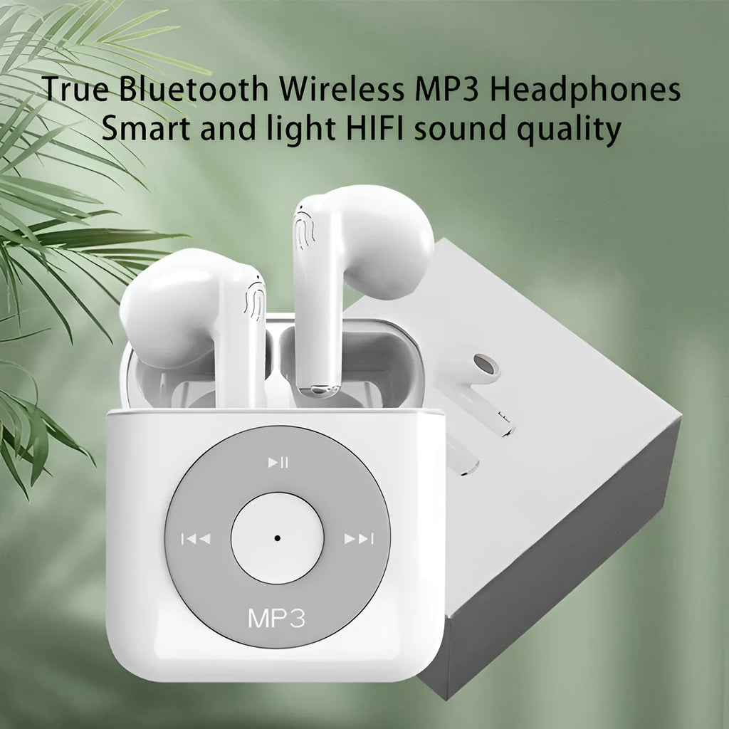 White wireless Bluetooth earphones with a semi-in-ear design and a matching charging case on a clean background.