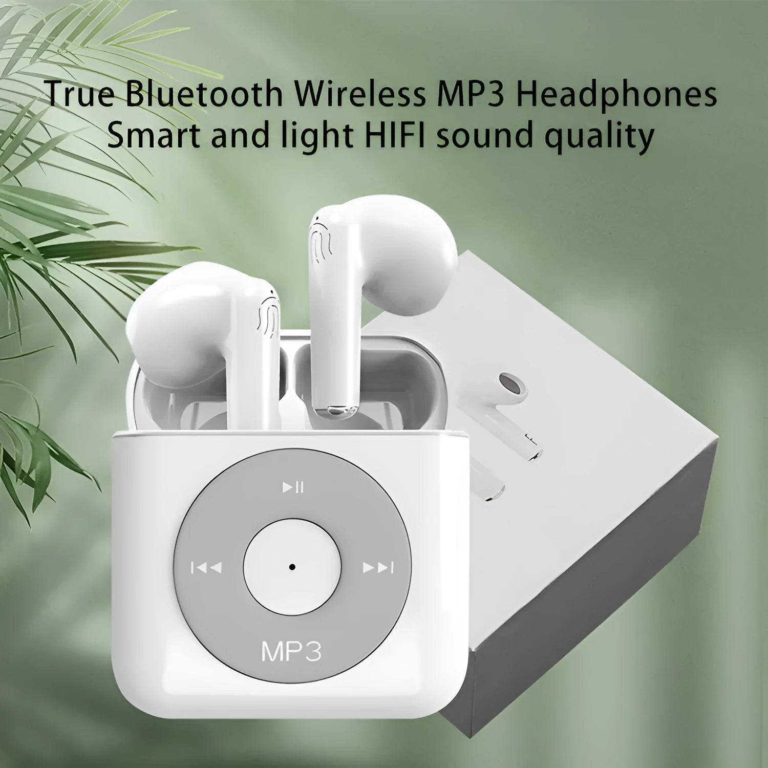 White wireless Bluetooth earphones with a semi-in-ear design and a matching charging case on a clean background.