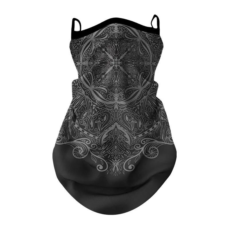 Lycra spandex full face and neck protection sun mask showing skull and floral design options