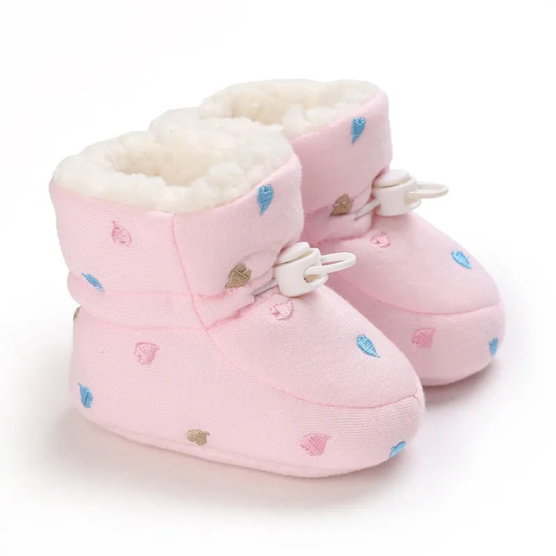 Thickened cotton baby shoes for autumn winter with non-slip sole and elastic band in black white, dark blue, gray, and pink