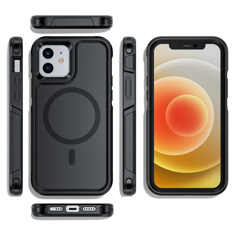 Black shatterproof magnetic back cover phone case for Apple iPhone 12 and iPhone 13 models.