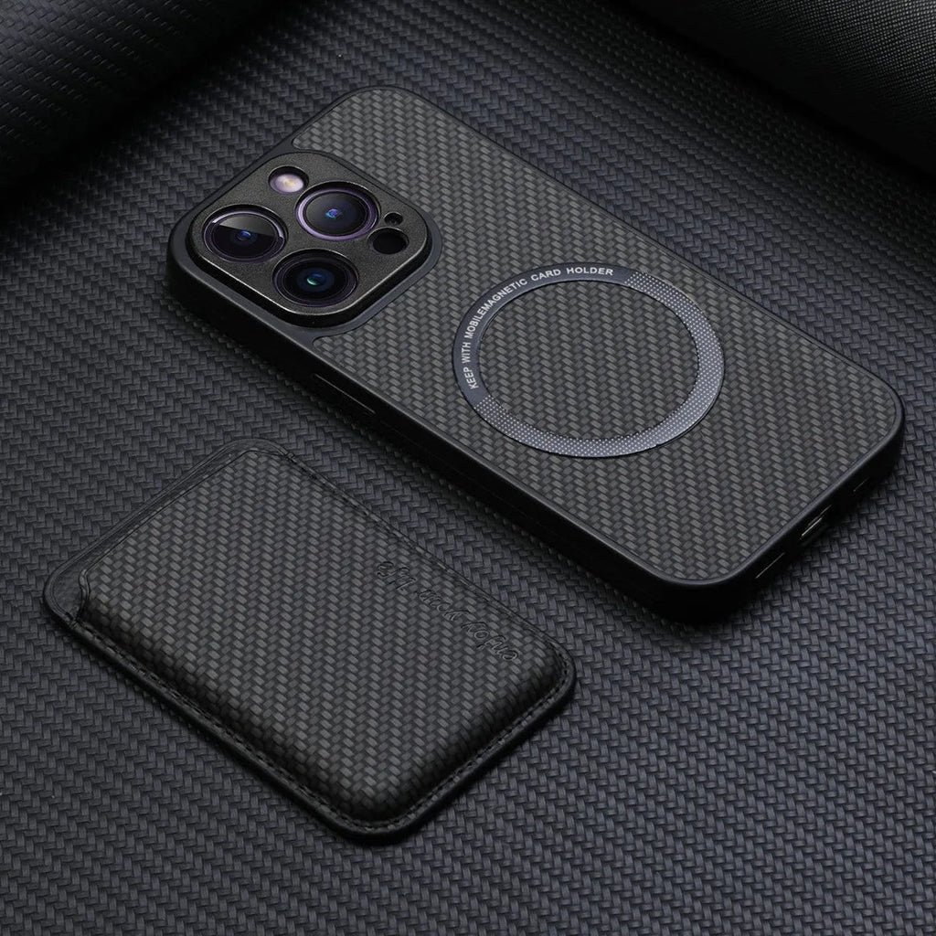 Imitation leather phone case sticker with magnetic card holder in black, compatible with iPhone and Samsung