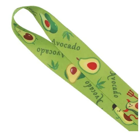 Polyester phone lanyard with a green fruit avocado cartoon printed on both sides, showing the buckle.