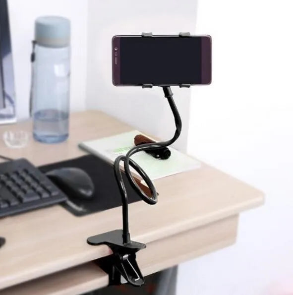 Black portable phone holder with 70cm flexible arm and universal V-clip for bed and desk mounting