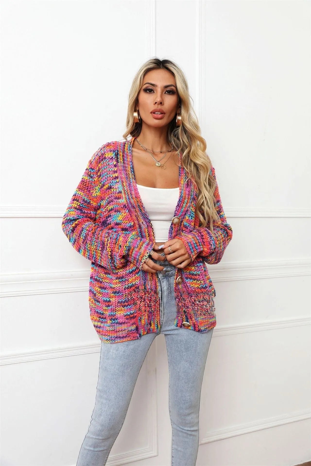 Rose red rainbow striped loose fit cardigan coat with regular sleeves on hanger