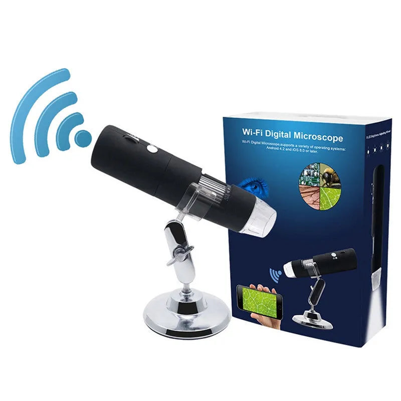 Black microscope magnifier camera phone bracket with 8 LED lights and 1.5m cable on white background