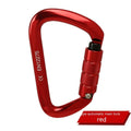 D-shaped climbing carabiner with colour options including black, blue, orange, red, and silver red