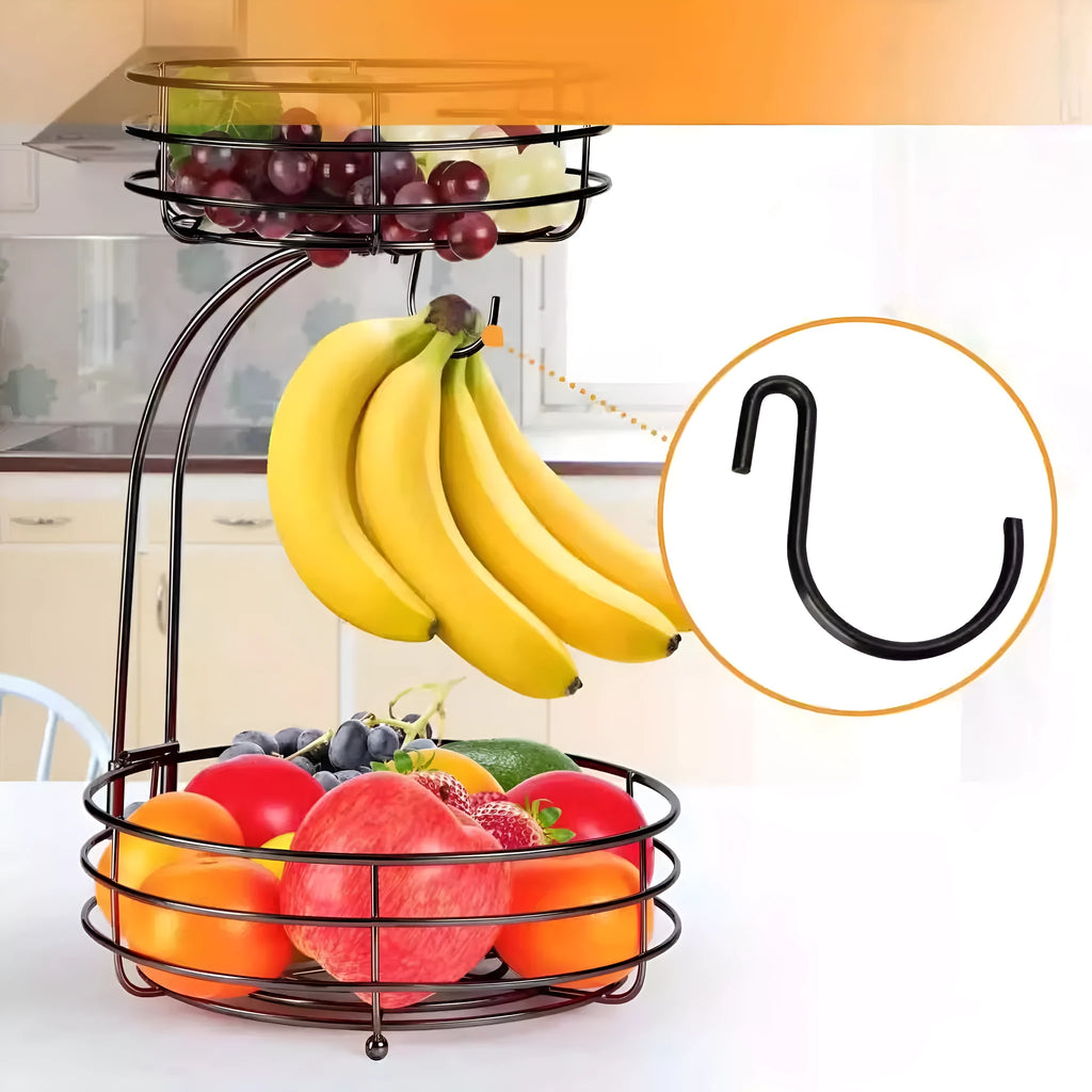Black wrought iron double-layer fruit basket with two tiers for storing fruits and vegetables