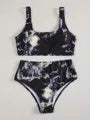 Women's marble tie-dye print high waist bikini with U-neck top separated swimwear