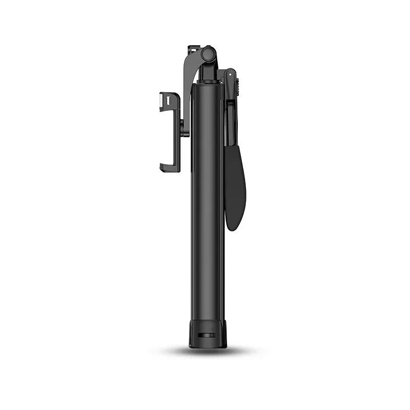 Black aluminium Bluetooth selfie stick extended with phone attached, showing remote control and tripod legs.