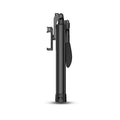 Black aluminium Bluetooth selfie stick extended with phone attached, showing remote control and tripod legs.
