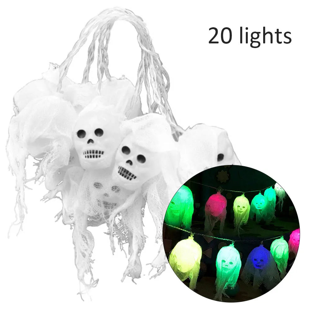 LED Halloween lights with ghost head and yarn design, 2.5 metre plastic shell string lights in colourful option