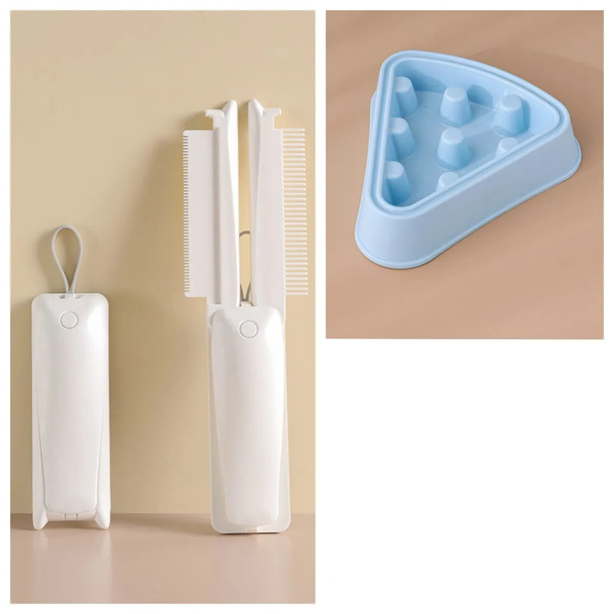 Pink and white ABS plastic pet grooming brush for dogs and cats on flat surface