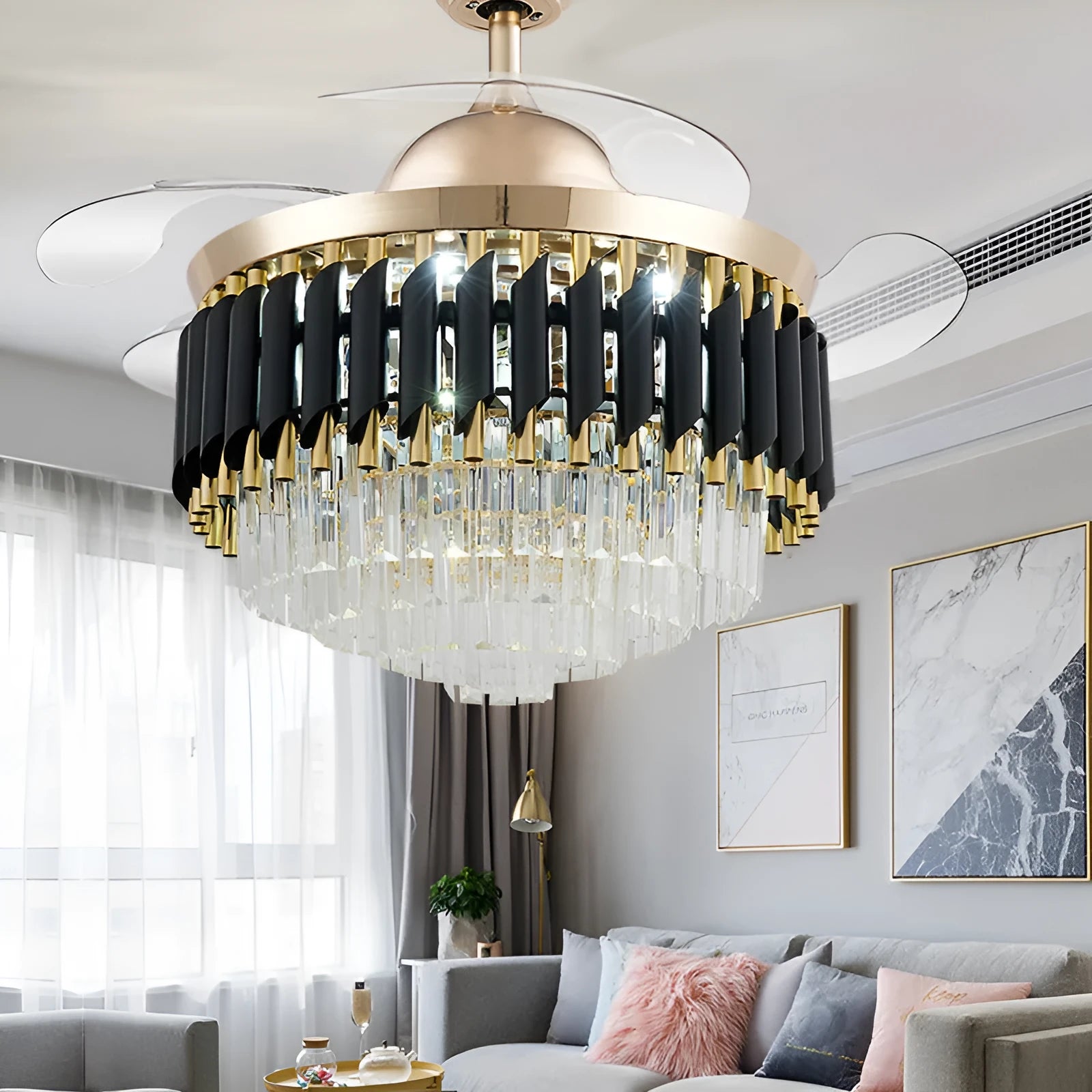 Crystal chandelier style ceiling fan with LED lights and wooden fan blades mounted on a white ceiling.