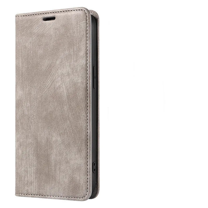 Magnetic flip leather phone case for iPhone in assorted solid colours, showing closed and open views.