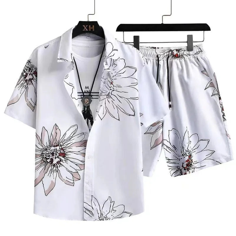 Men's casual digital print short sleeve shirt and matching shorts set on a hanger