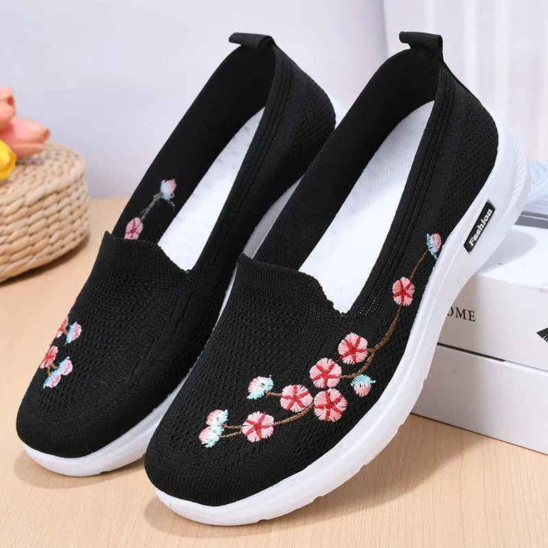 Women's embroidered woven casual pump in wine red with flat low heel and anti-slip sole