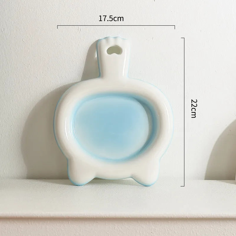 Ceramic cat bowl and plate set in blue, green, pink, or yellow with non-slip bottom