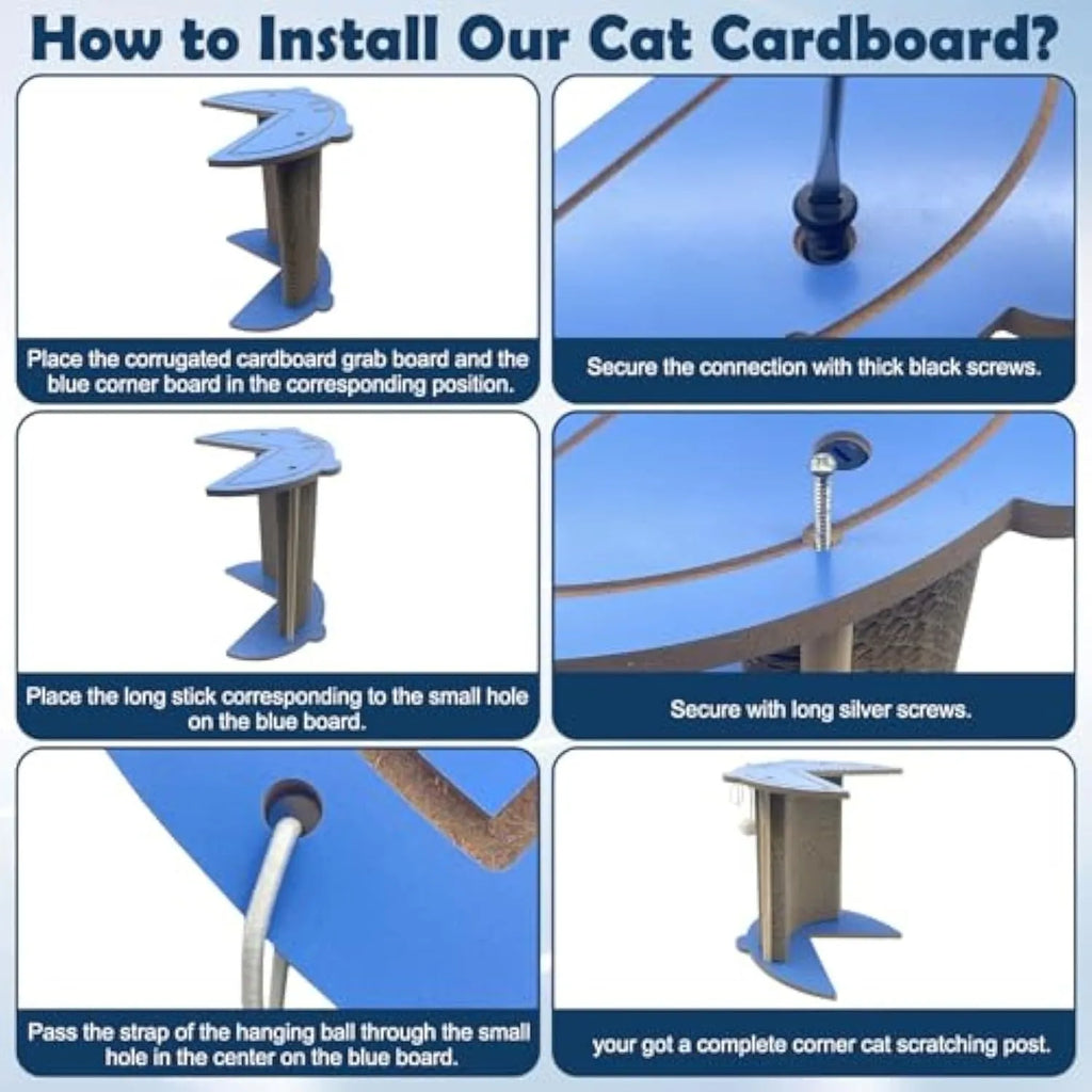 Cat corner scratcher cardboard with hanging ball, placed in a corner, vertical design for kitty scratching and play.