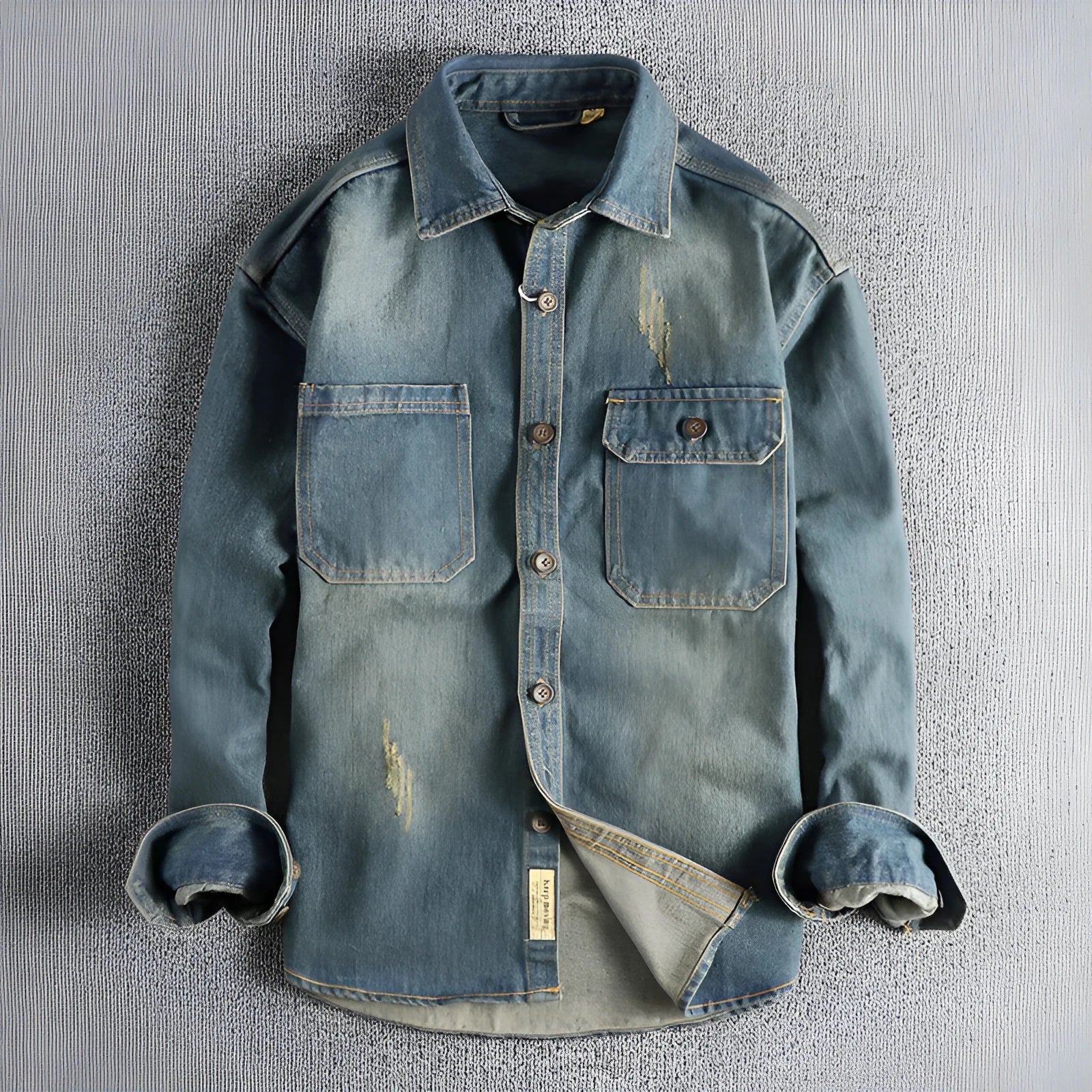 Men's light blue vintage washed denim shirt with long sleeves and loose fit