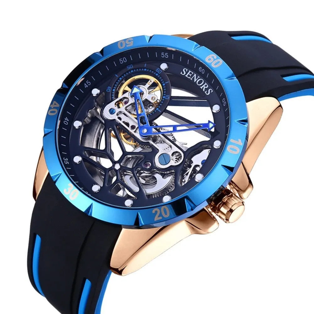 Men's full-automatic watch with open skeleton dial in rose golden blue colour, business style.