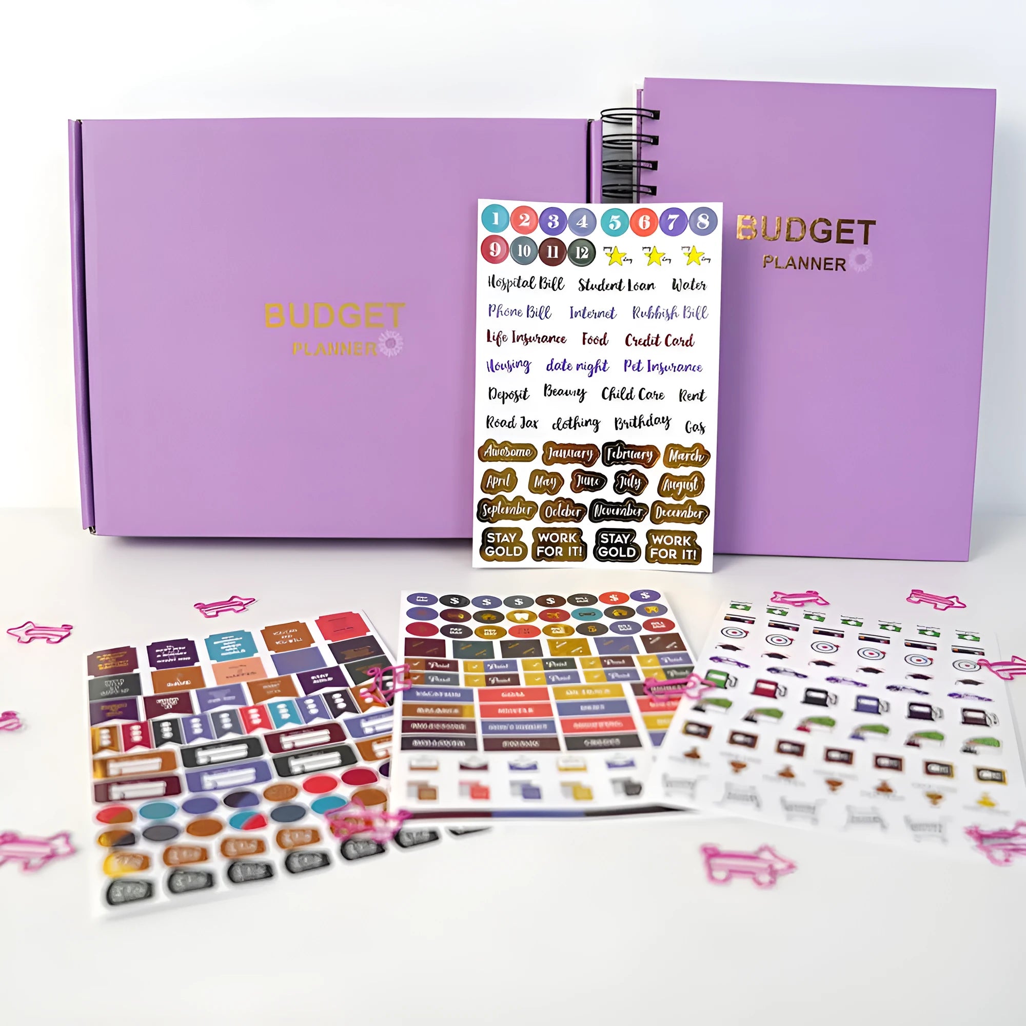 J12 purple coil-bound financial planning notebook with budget stickers and paper clips on Daolin paper pages