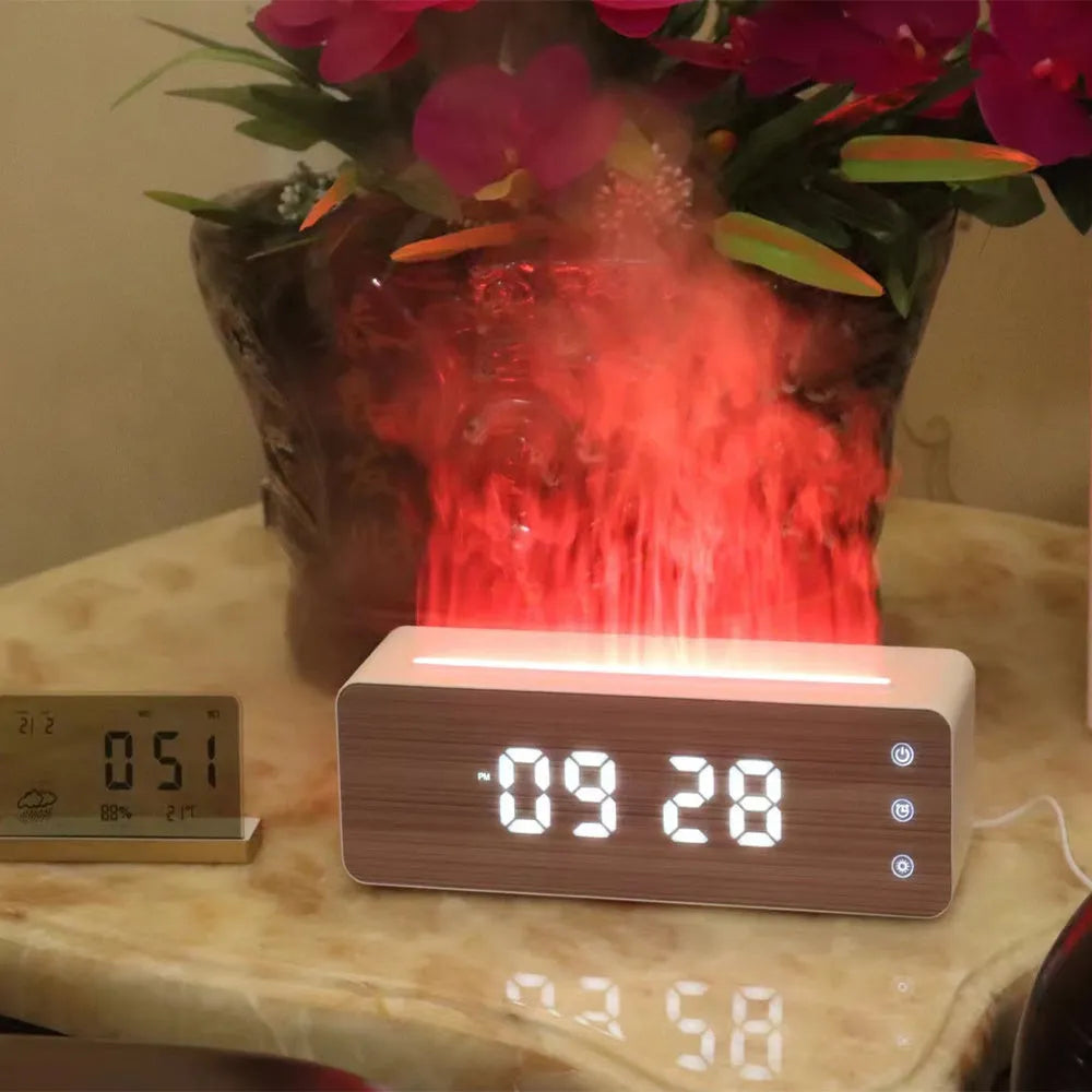 Flame Humidifier with Clock Display Desktop Aromatherapy Machine for Bedroom Household Use ABS Electronic Components White 28x8.5x9.3cm Plug In Ultra Quiet Large Capacity Water Tank