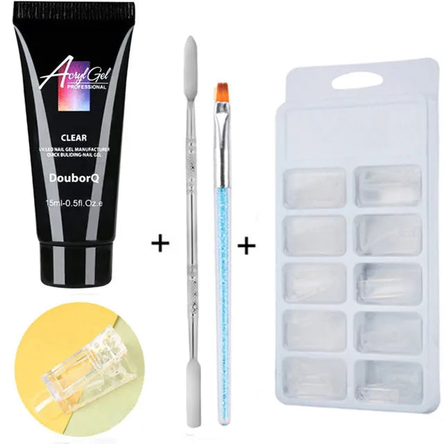 DIY resin gel nail art kit with sponge applicator, brushes, and decorative stickers in clear, white, and pink shades
