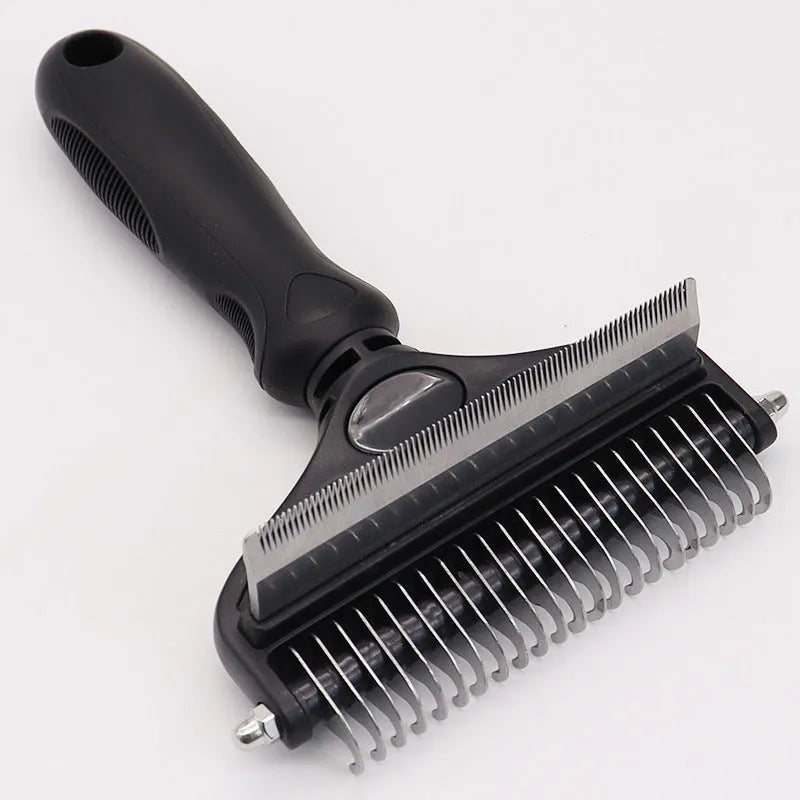 Two-in-one pet hair unknotting comb with stainless steel teeth and ABS TPR handle, available in black, blue, or pink