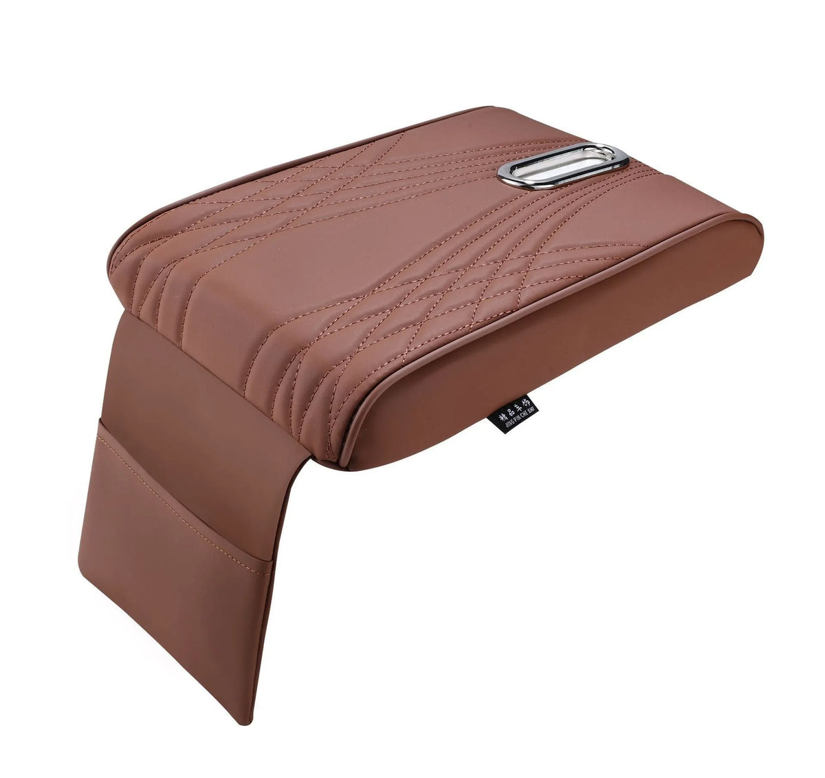 Black leather car armrest cover with angel pattern tissue pocket placed on a vehicle center console