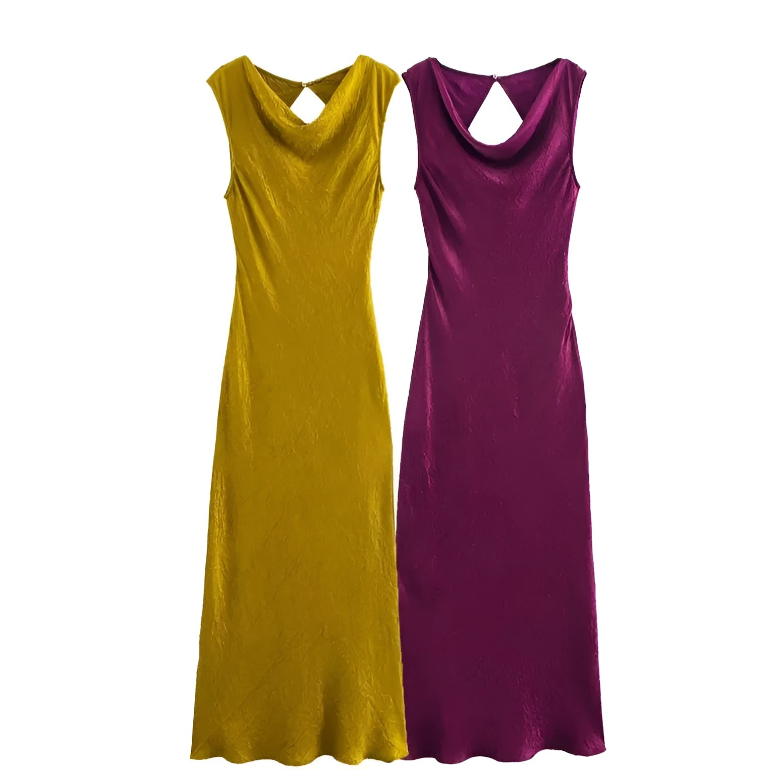 Women's sleeveless V-neck long dress in golden yellow with lace-up detail, polyester fabric, solid colour, street fashion style